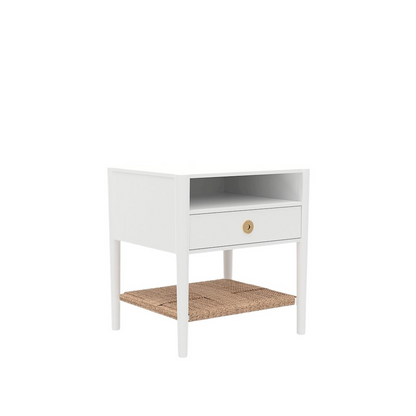 Cleo Nightstand by Start2Finish in coconut milk finish, featuring a sleek modern design with a drawer and open shelf.