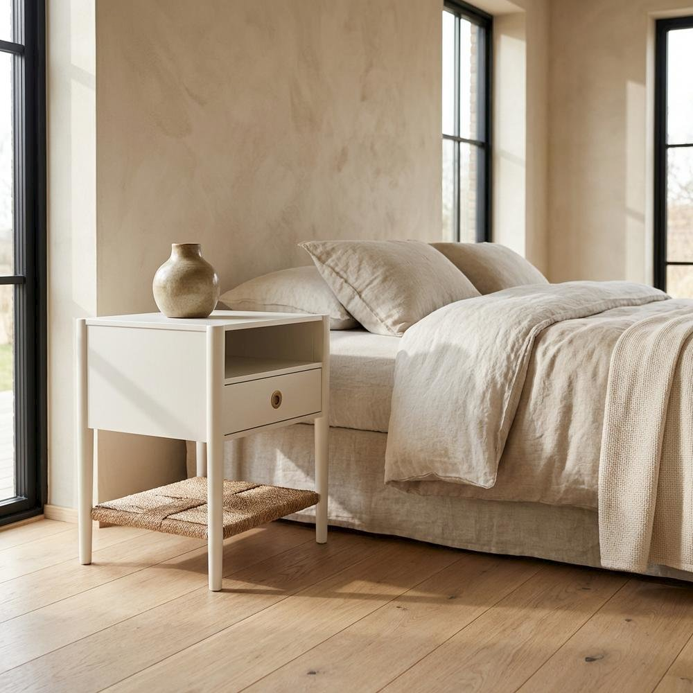 Cleo Nightstand by Start2Finish in coconut milk finish, showcasing a modern furniture piece with a sleek design and smooth surface.