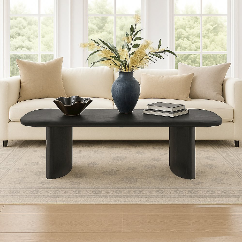 Black Gabrielle Coffee Table by Start2Finish with sleek design and smooth surface, shown in a modern living room setting.