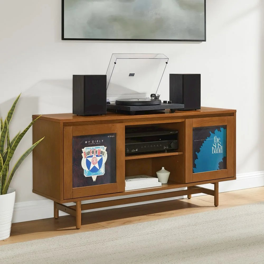 Start2Finish Dempsey record player cabinet with vinyl storage, showcasing wooden furniture with compartments for records and electronic components.