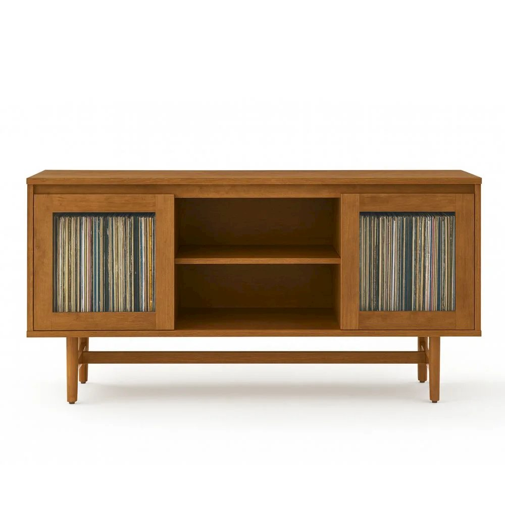 Start2Finish Dempsey record player cabinet with vinyl storage, featuring wooden furniture with doors and interior shelving.