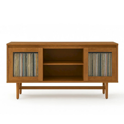 Start2Finish Dempsey record player cabinet with vinyl storage, featuring wooden furniture with doors and interior shelving.