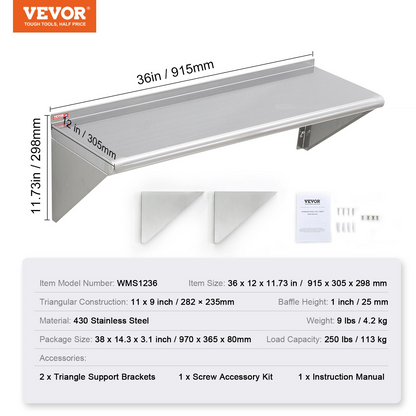 Start2Finish stainless steel wall-mounted floating shelf with brackets, 12x36 inches, heavy-duty storage rack for kitchen or commercial use