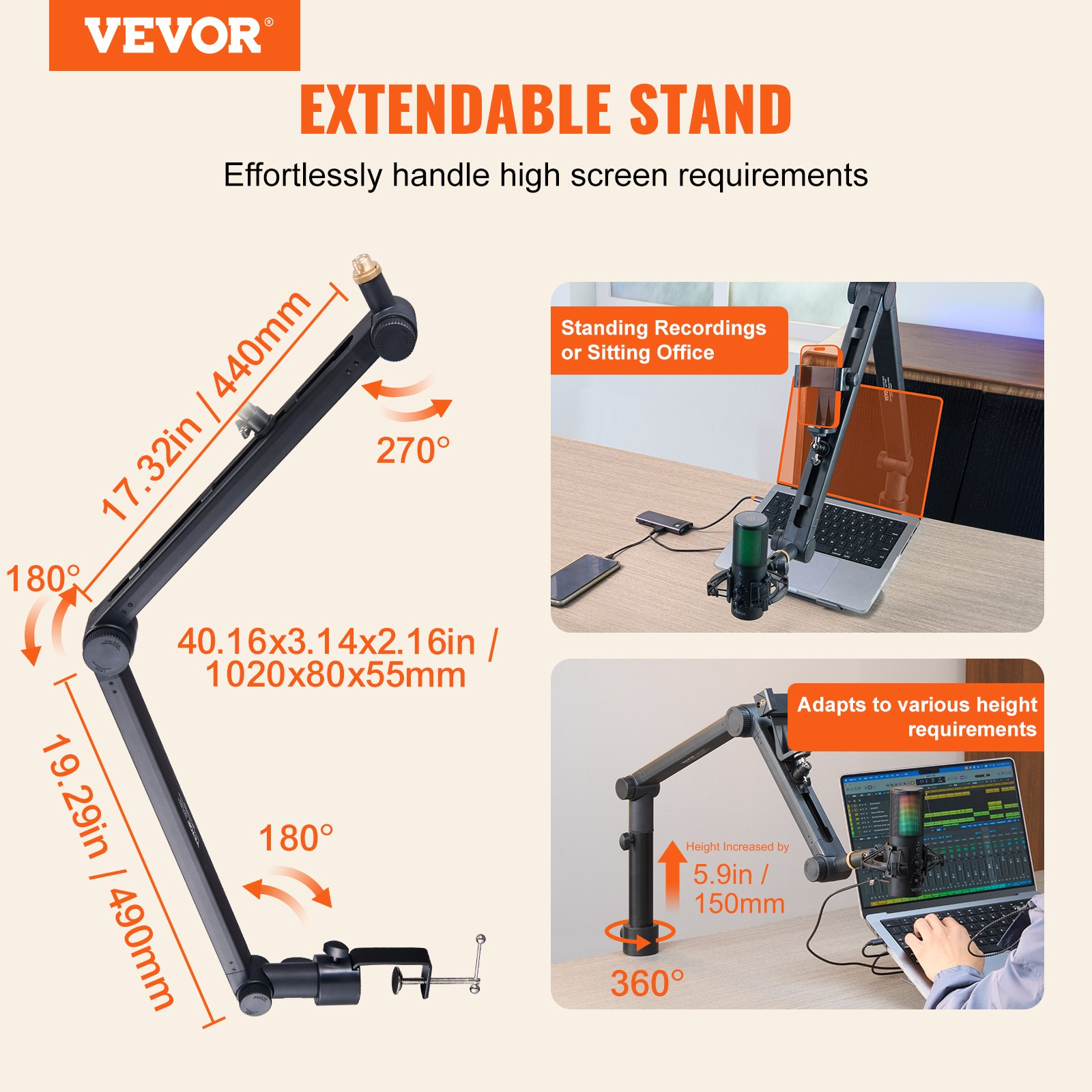 Start2Finish VEVOR microphone boom arm with desk mount, adjustable, 360° rotatable for Blue Yeti, Hyperx, Blue Snowball, Shure SM7B