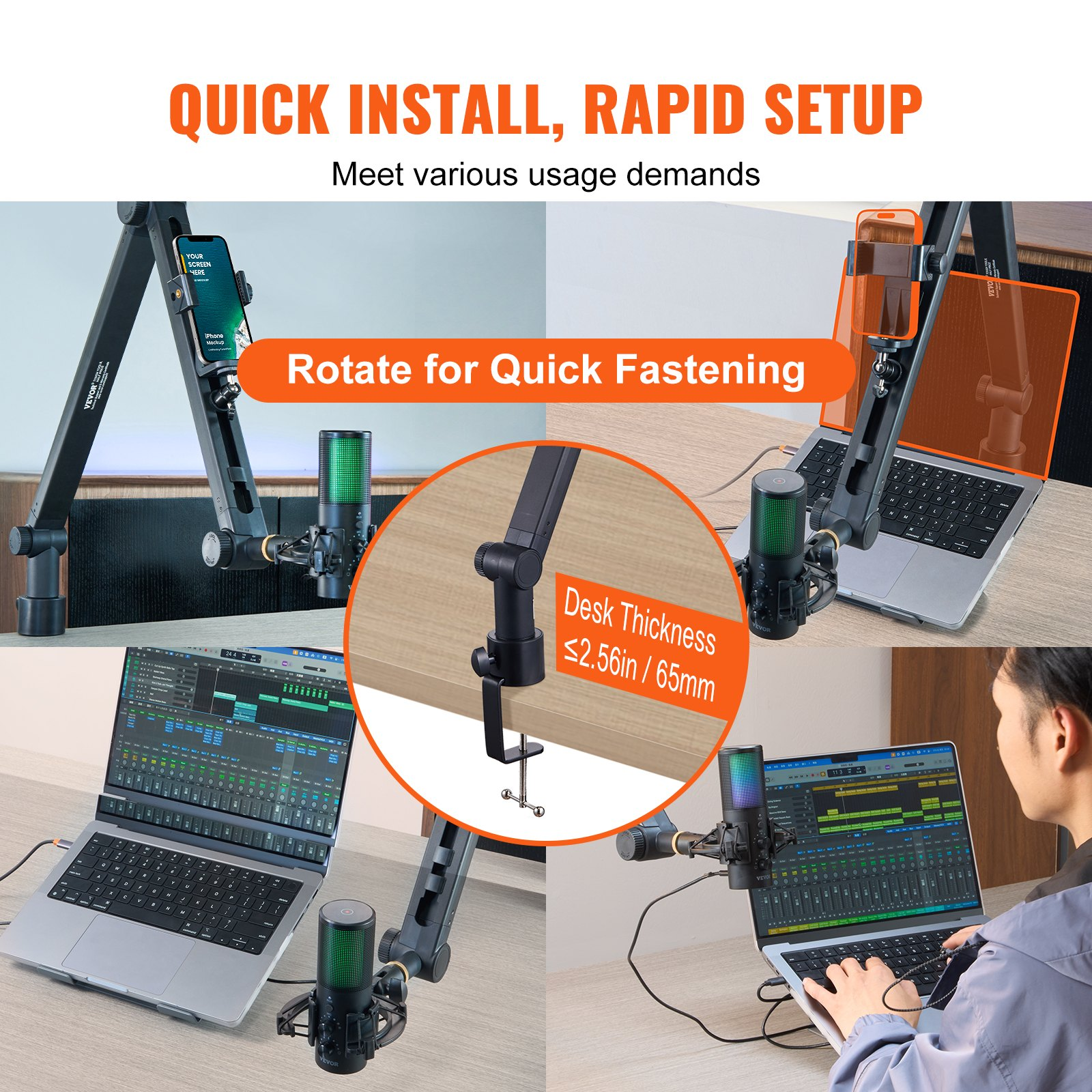 Start2Finish VEVOR microphone boom arm with desk mount, adjustable, 360° rotatable, fits Blue Yeti, Shure SM7B, HyperX, Snowball.