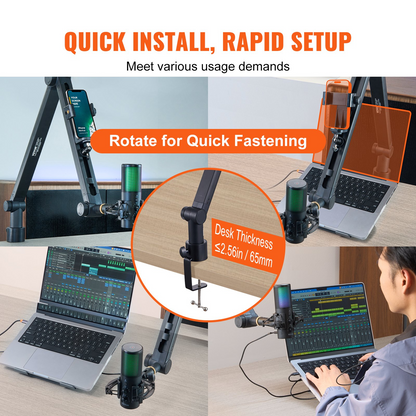 Start2Finish VEVOR microphone boom arm with desk mount, adjustable, 360° rotatable, fits Blue Yeti, Shure SM7B, HyperX, Snowball.