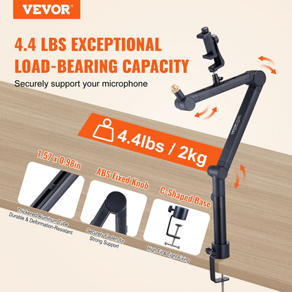 Start2Finish VEVOR desk-mounted microphone arm with adjustable 360° rotation, headphone holder, compatible with Blue Yeti and Hyperx Quadcast