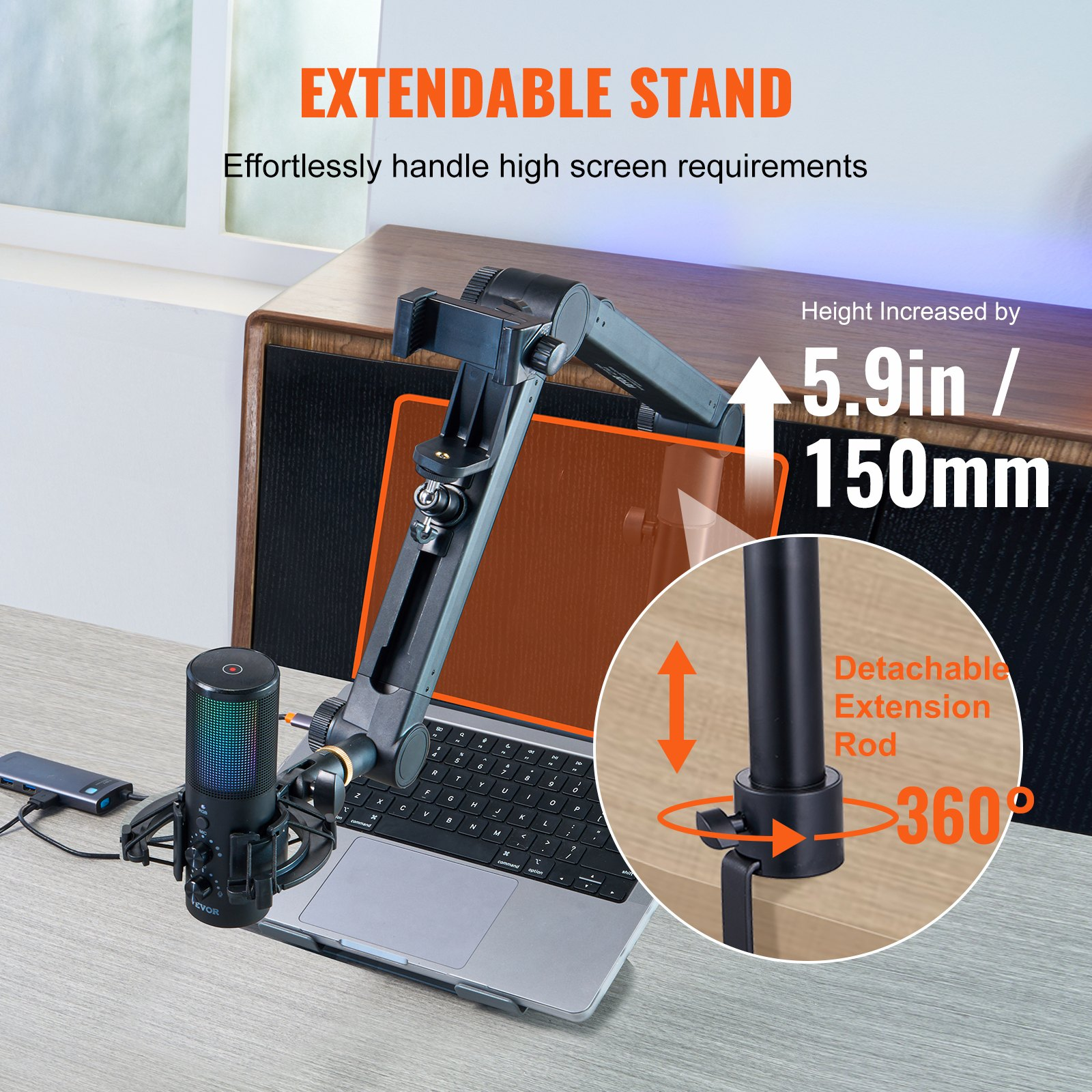 Start2Finish VEVOR desk-mounted microphone arm with 360° rotation, adjustable stand, and headphone holder for Blue Yeti and Hyperx Quadcast