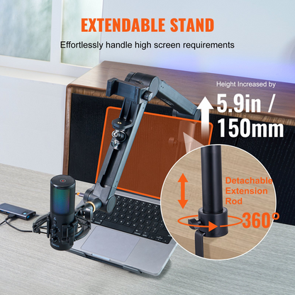 Start2Finish VEVOR desk-mounted microphone arm with 360° rotation, adjustable stand, and headphone holder for Blue Yeti and Hyperx Quadcast