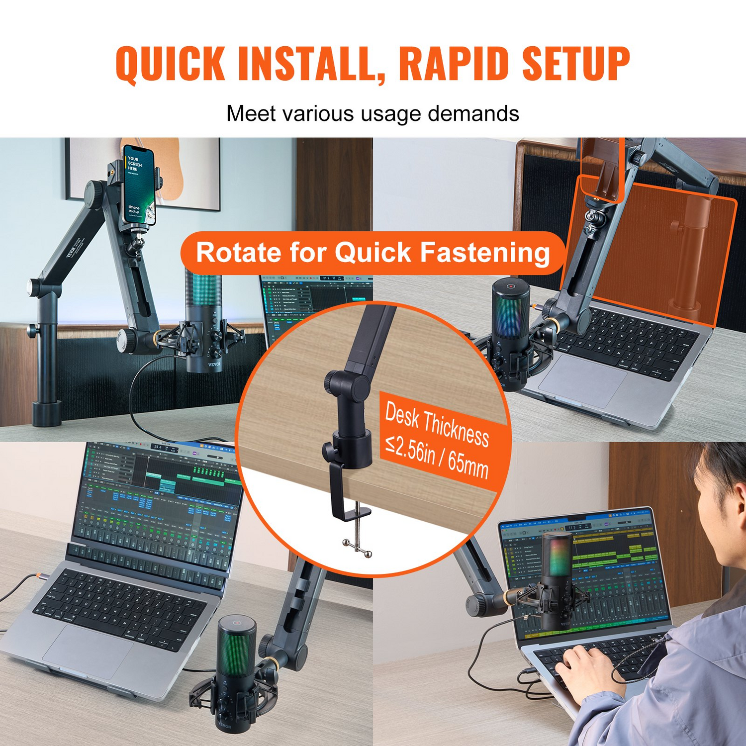 Start2Finish VEVOR desk-mounted microphone arm with adjustable 360° rotation, headphone holder, compatible with Blue Yeti and Hyperx Quadcast