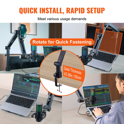 Start2Finish VEVOR desk-mounted microphone arm with adjustable 360° rotation, headphone holder, compatible with Blue Yeti and Hyperx Quadcast