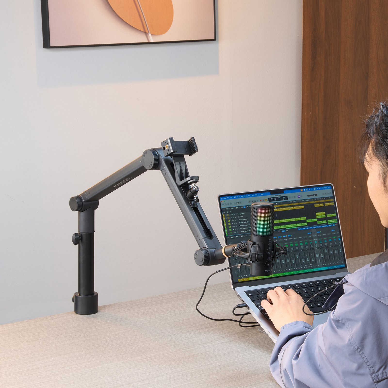Start2Finish VEVOR desk-mounted microphone arm with adjustable stand, 360° rotation, headphone holder, compatible with Blue Yeti and Hyperx Quadcast