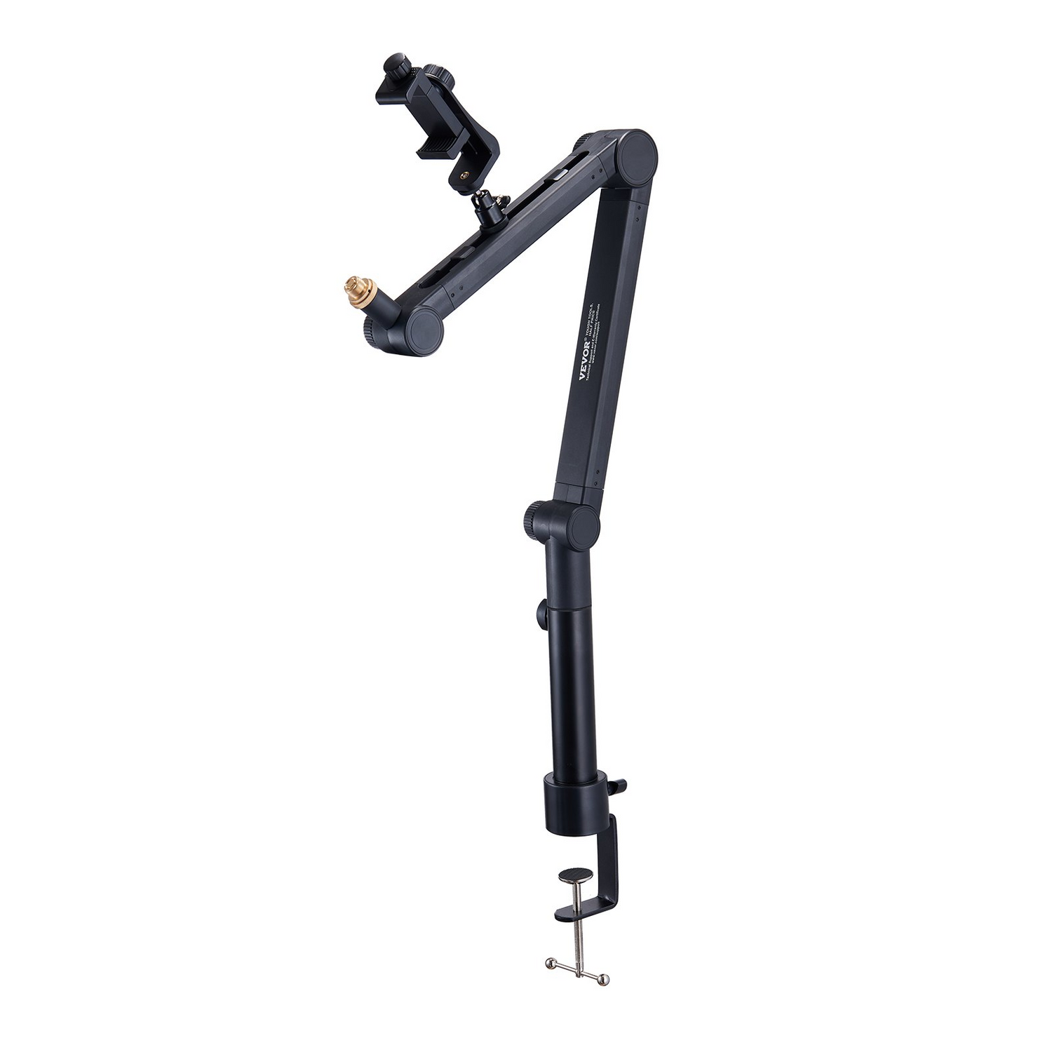 Start2Finish VEVOR desk-mounted microphone arm with adjustable 360° rotation, headphone holder, compatible with Blue Yeti and Hyperx.