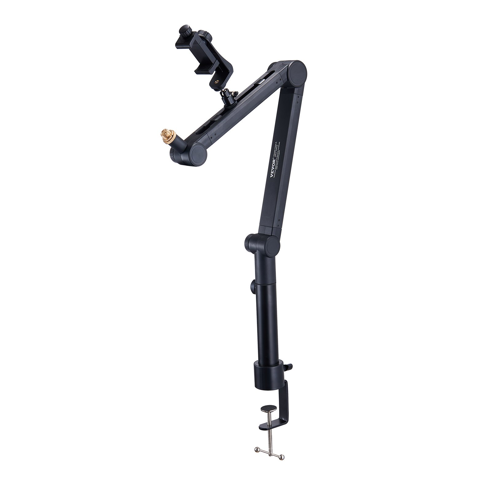 Start2Finish VEVOR desk-mounted microphone arm with adjustable 360° rotation, headphone holder, compatible with Blue Yeti and Hyperx.