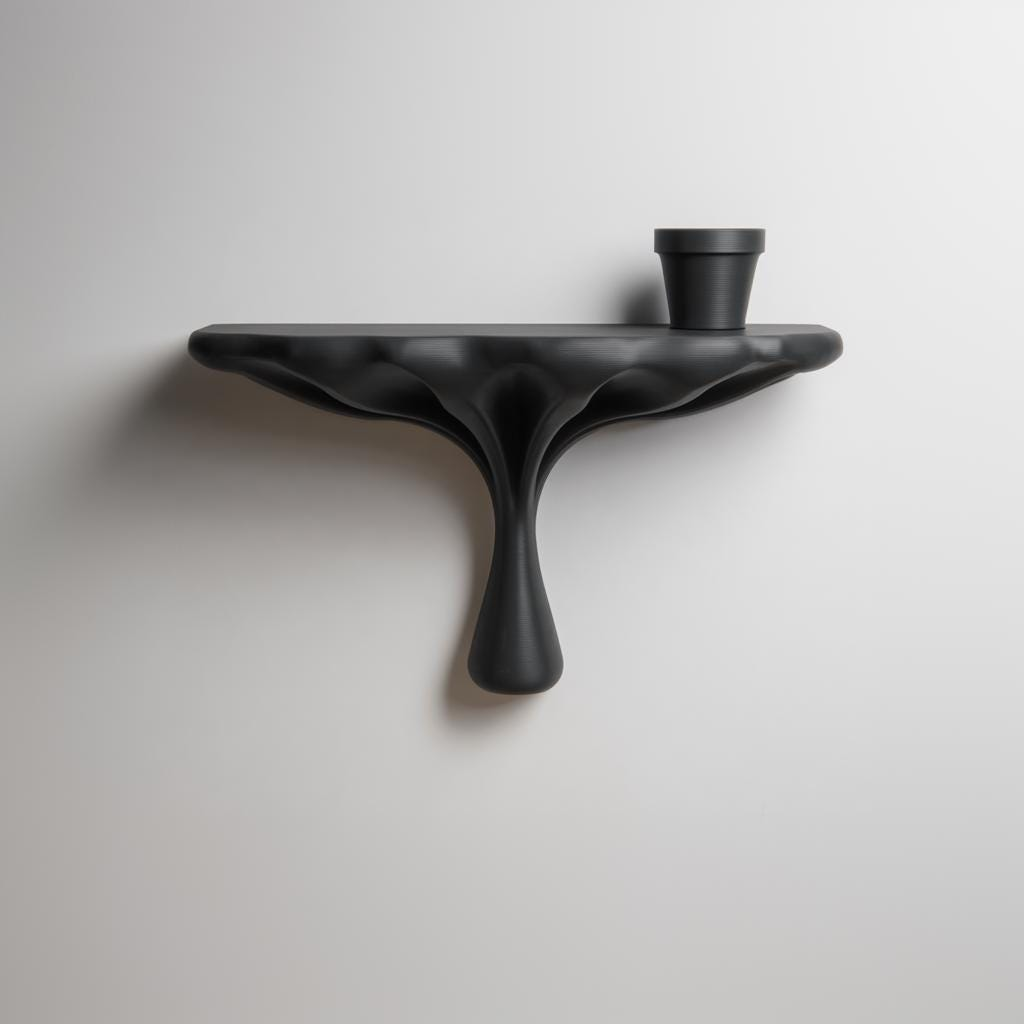 Modern 3D printed organic wall shelf by Start2Finish, dark minimalist accent shelf for contemporary interior decor.