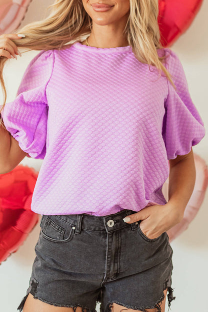 Carmine Juneberry Phalaenopsis textured O-neck puff sleeve blouse, stylish tops and blouses with a solid pattern and elegant design.