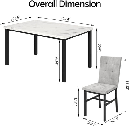 Five Piece Dining Set Marble Tops White Upholstered