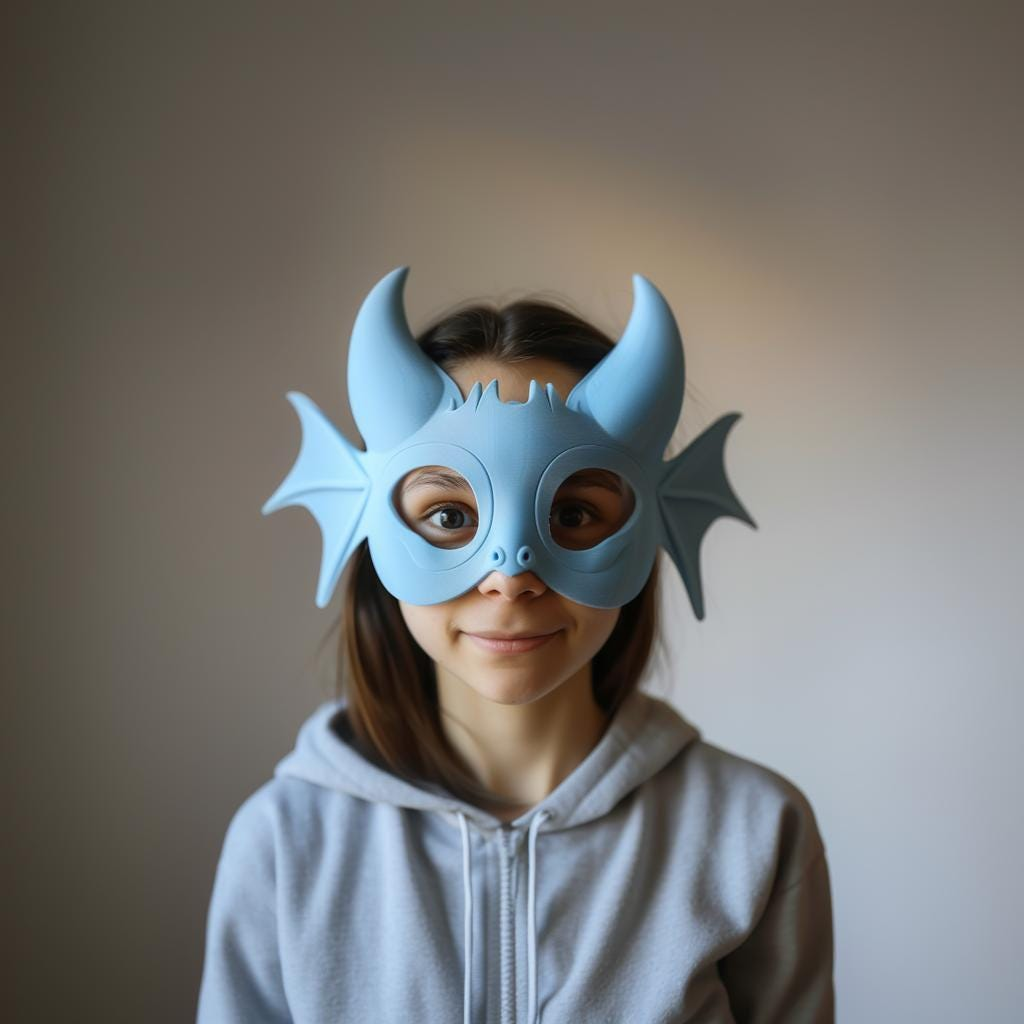 3D printed dragon mask by Start2Finish, playful fantasy costume facepiece with horns for adults, ideal for parties and festivals.