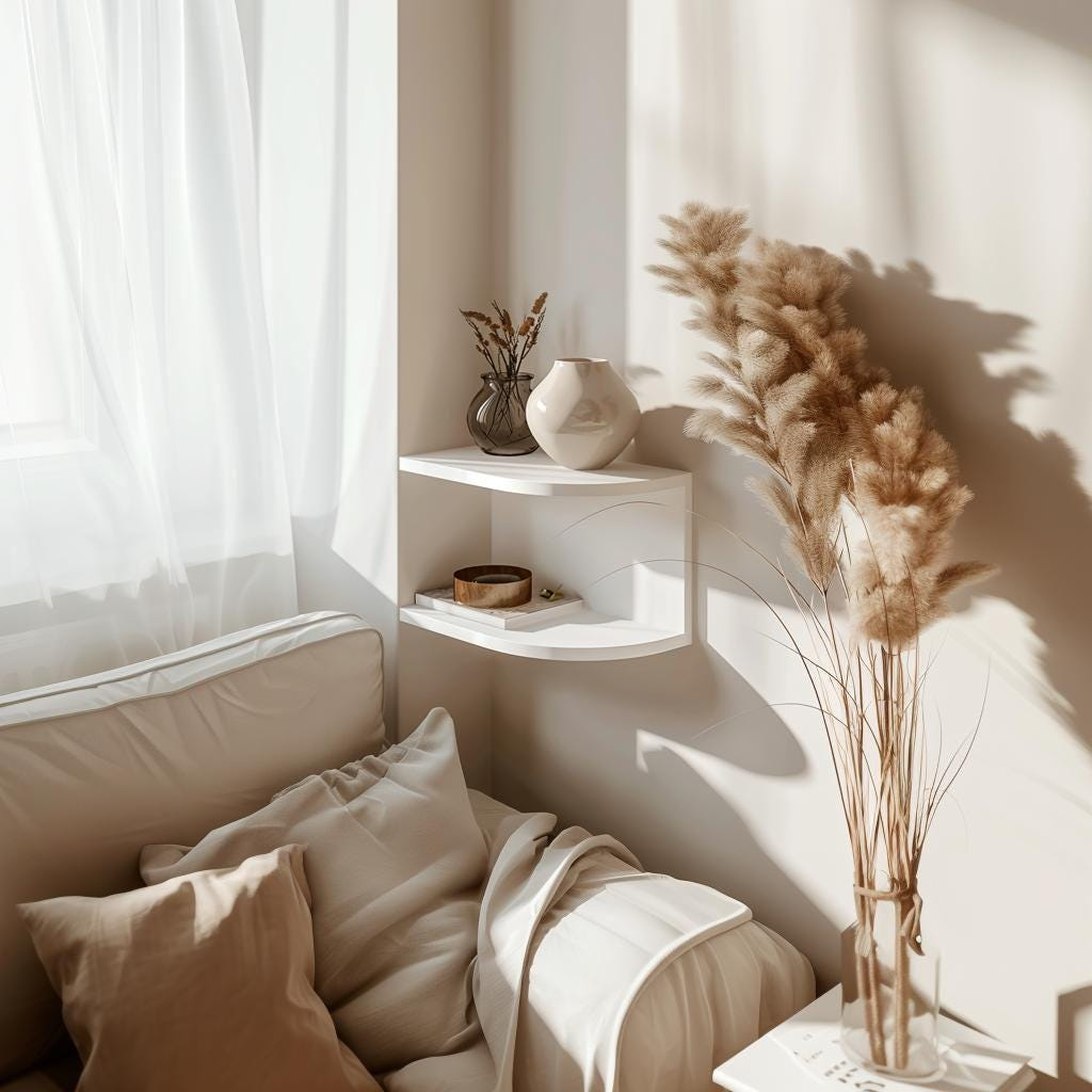 3D printed corner wall shelf by Start2Finish, minimalist floating shelf for modern home decor and storage.