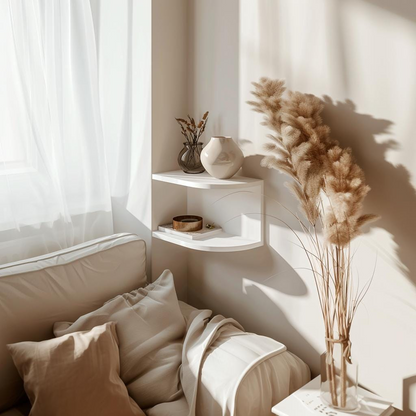 3D printed corner wall shelf by Start2Finish, minimalist floating shelf for modern home decor and storage.