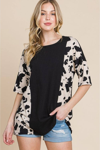Carmine Juneberry BOMBOM Rodeo Love Ribbed Animal Contrast Tee featuring animal print and ribbed fabric in a casual T-shirt style.