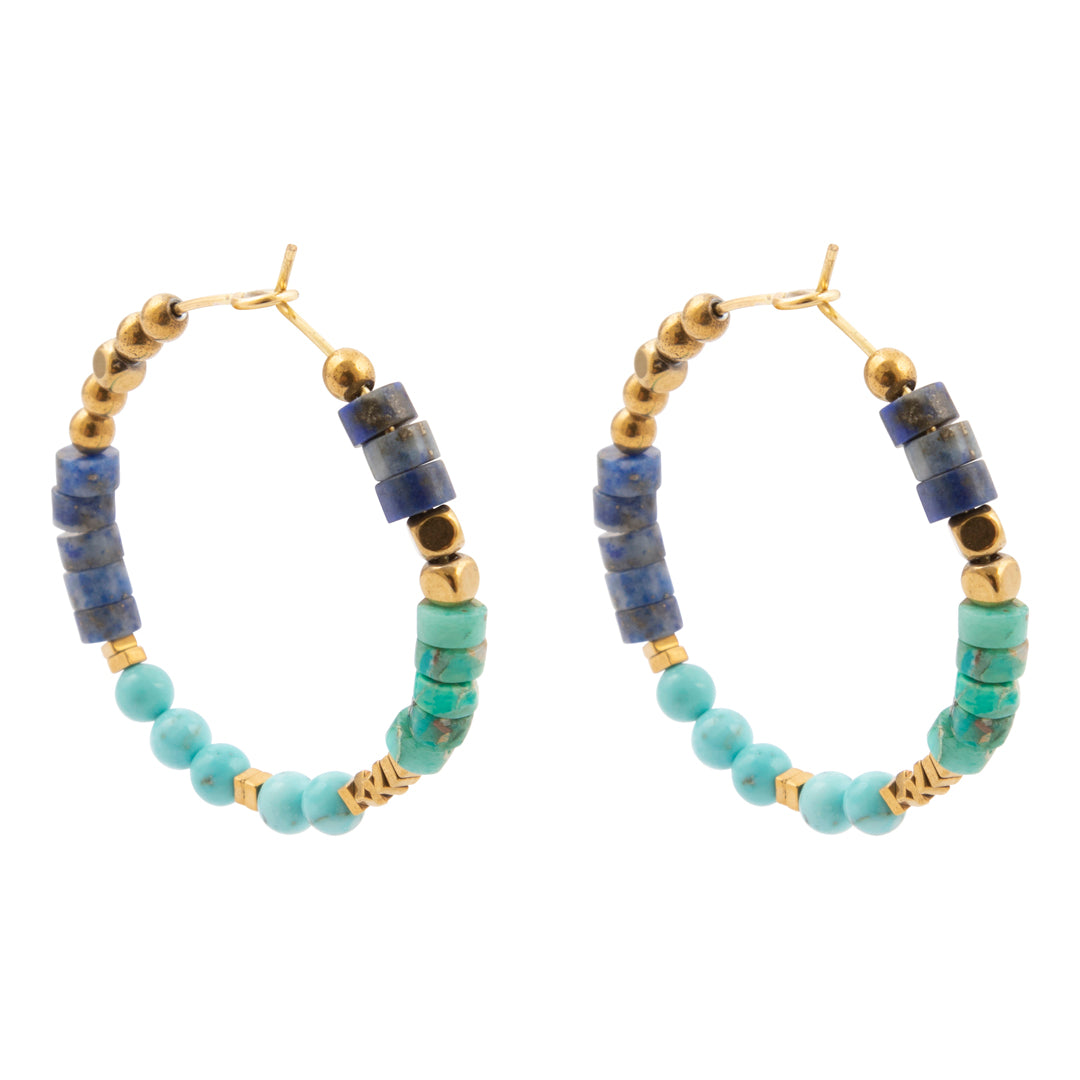 Blue turquoise and lapis gemstone golden hoop earrings from Start2Finish jewelry collection, featuring intricate hoop design.
