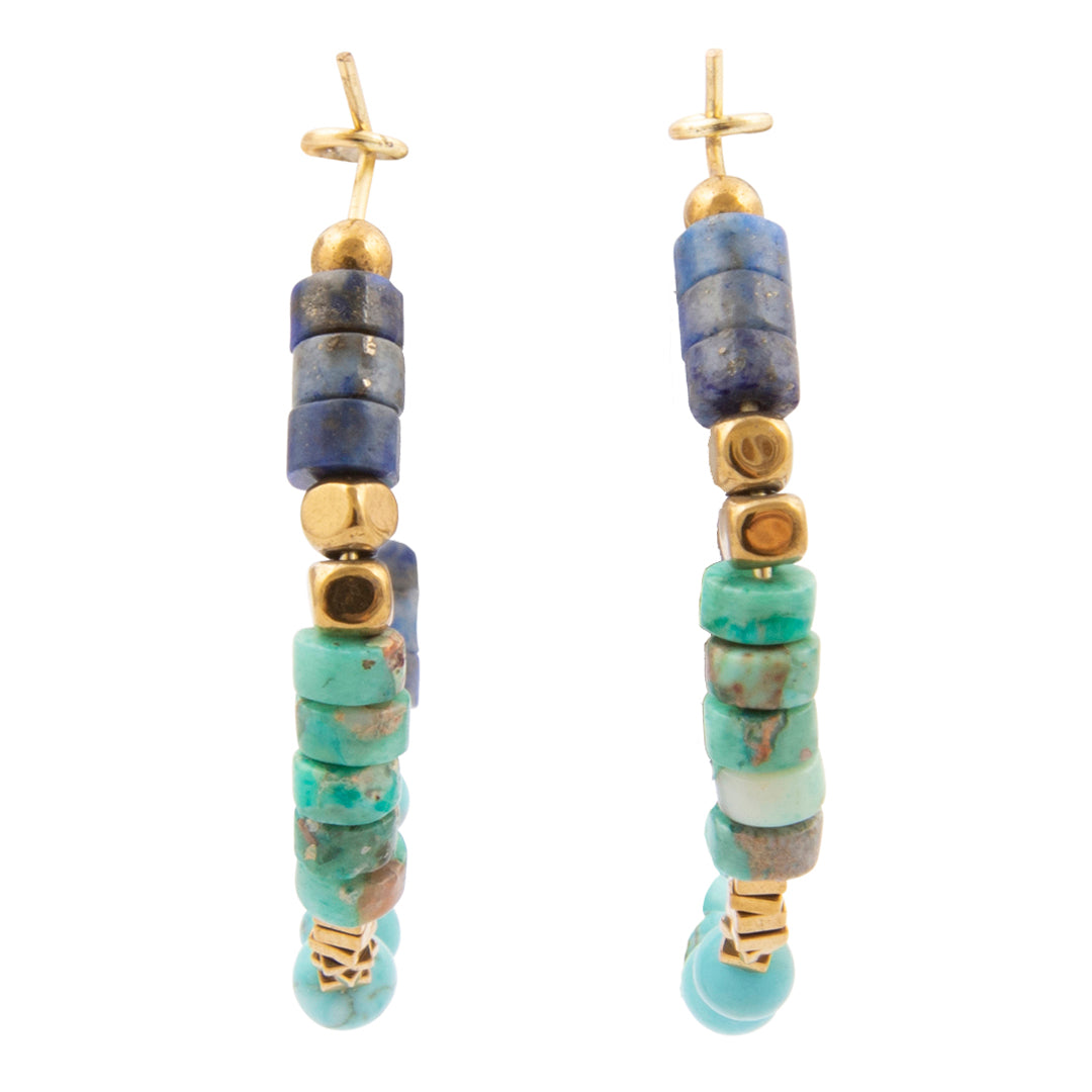 Blue turquoise and lapis gemstone golden hoop earrings, stylish jewelry with vibrant blue stones and gold accents.
