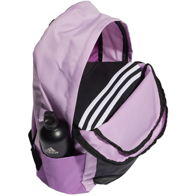 Start2Finish Adidas Classic Badge of Sport 3-Stripes backpack showing navy fabric with white logo and adjustable shoulder straps.
