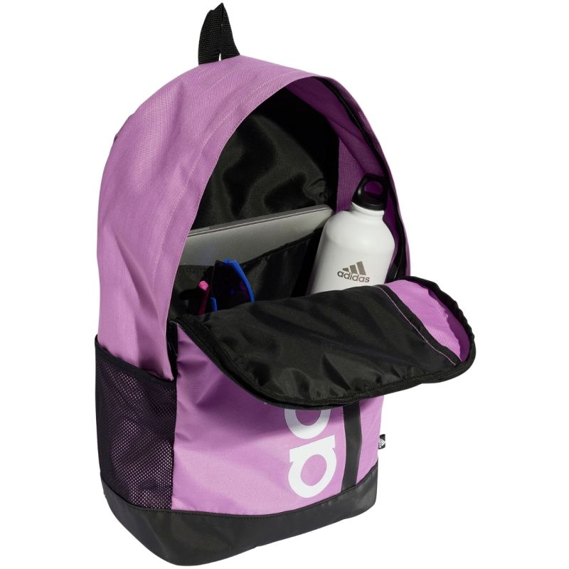 Start2Finish Adidas Essentials Linear IZ1902 backpack with multiple compartments and adjustable straps, black with white logo.