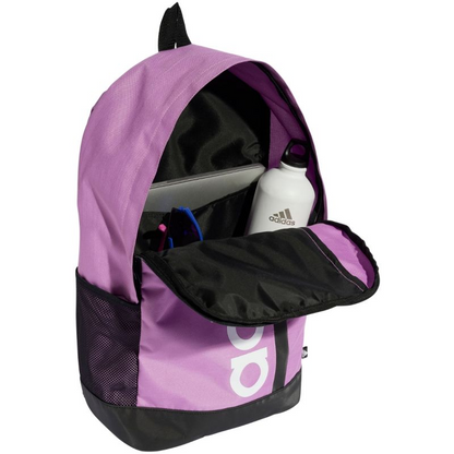 Start2Finish Adidas Essentials Linear IZ1902 backpack with multiple compartments and adjustable straps, black with white logo.