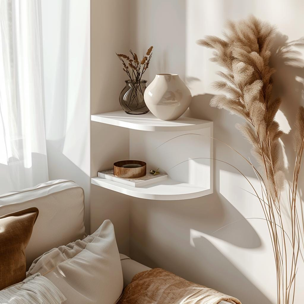 Start2Finish 3D printed corner wall shelf, minimalist floating design for modern home decor and storage.