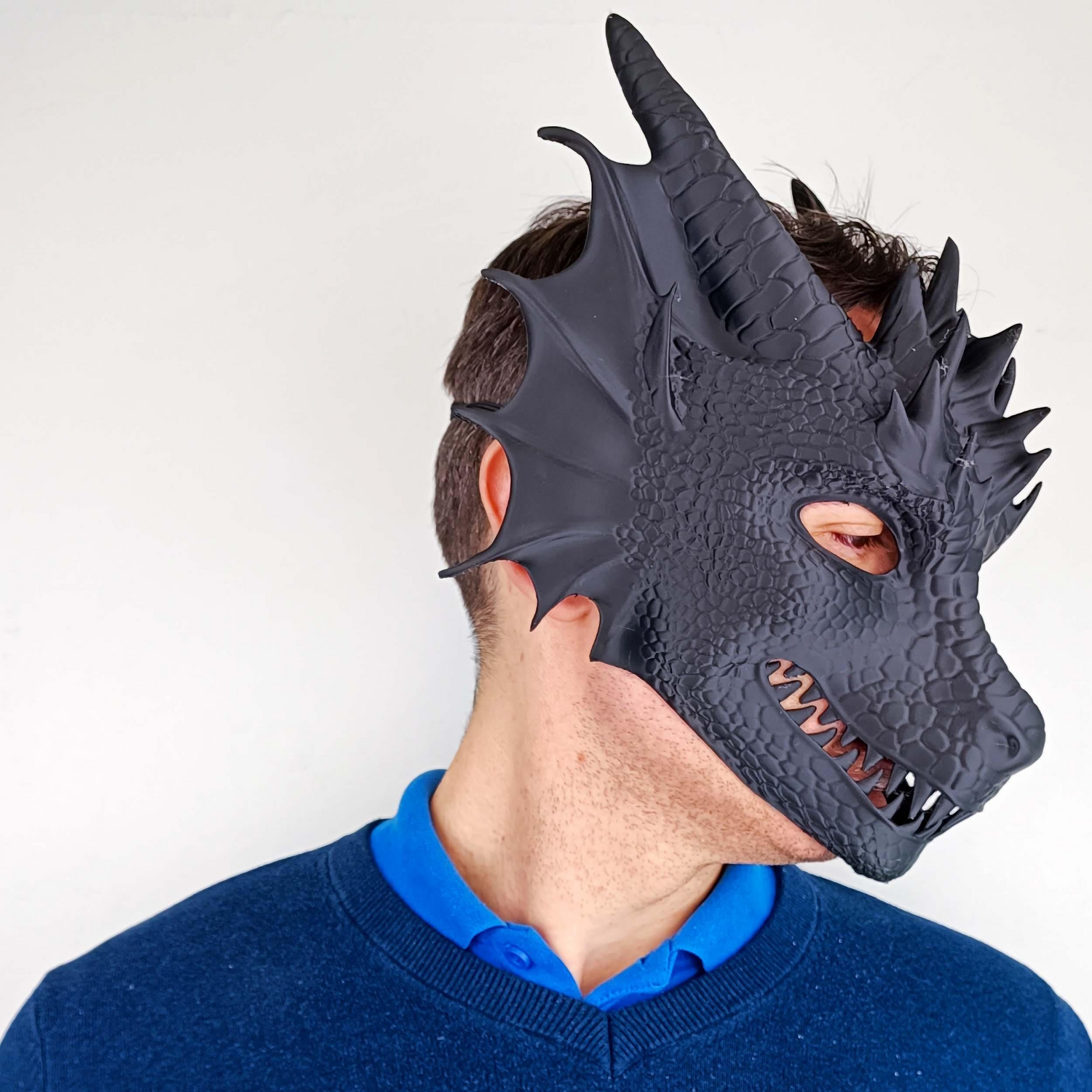 3D printed dragon mask from Start2Finish, fantasy cosplay costume featuring a detailed mythical creature design and adjustable fit.