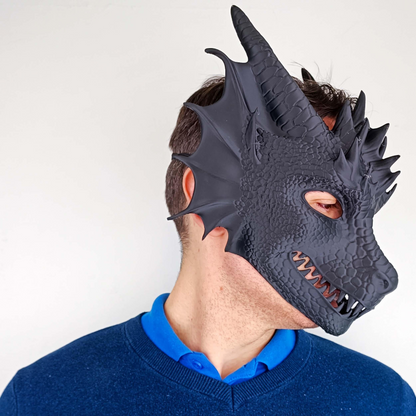 3D printed dragon mask from Start2Finish, fantasy cosplay costume featuring a detailed mythical creature design and adjustable fit.