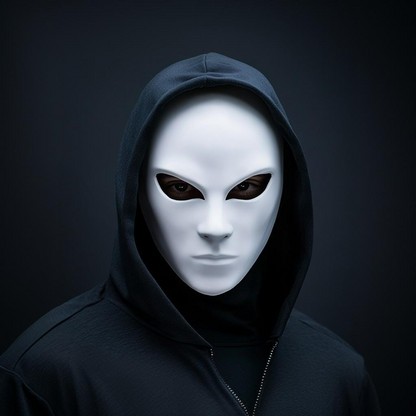 Start2Finish anonymous cosplay mask, stealth assassin sci-fi villain mask with 3D printed faceless phantom design for Halloween costumes.