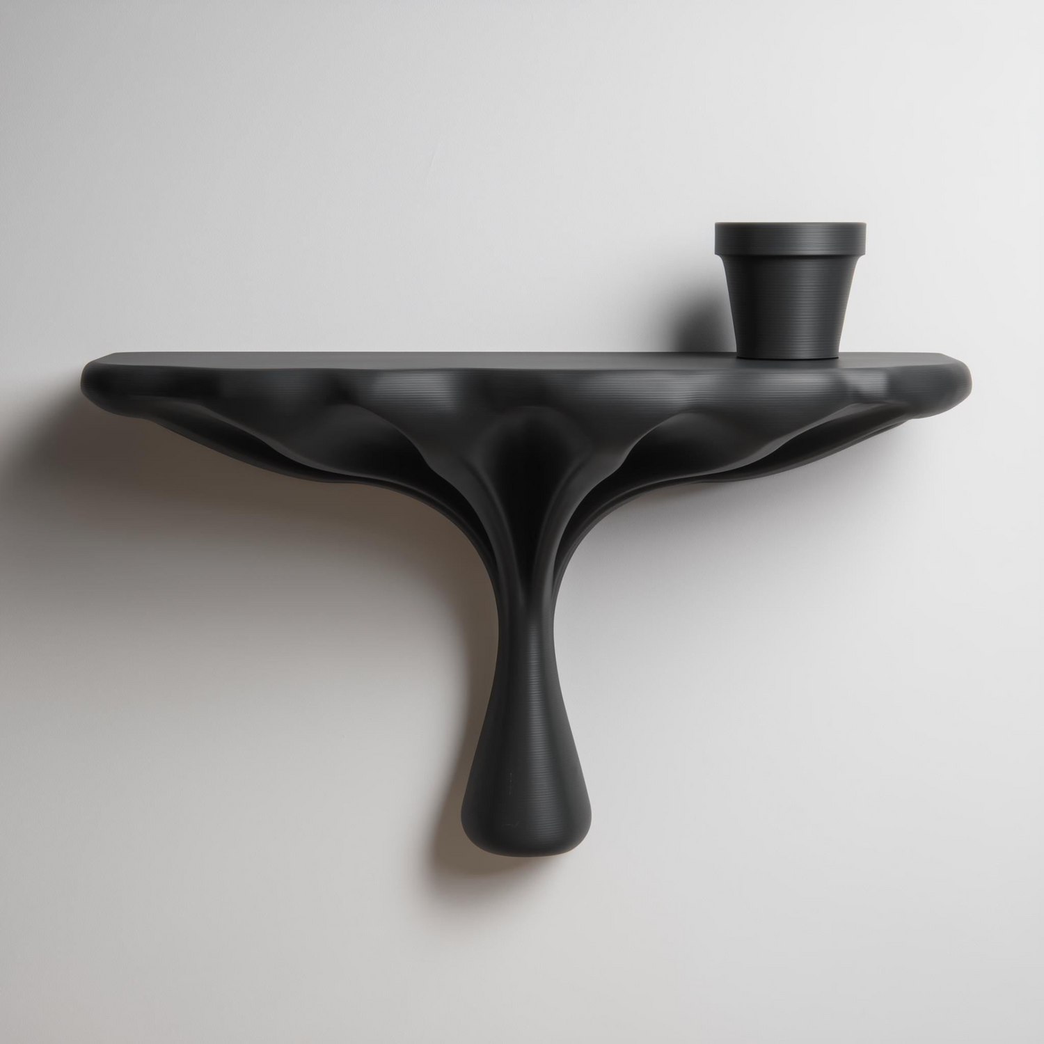 Dark modern 3D printed organic wall shelf by Start2Finish, minimalist sculptural decor for elegant contemporary interiors.
