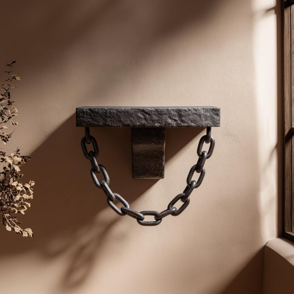 3D printed gothic chain wall shelf with hanging chain, dark fantasy dungeon style home decor for entryway or accent wall.