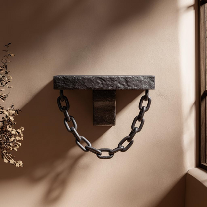 3D printed gothic chain wall shelf with hanging chain, dark fantasy dungeon style home decor for entryway or accent wall.