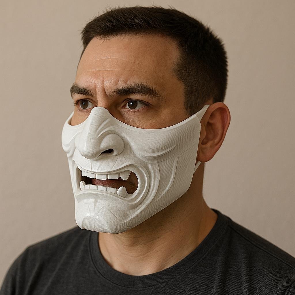 3D printed Oni demon mask from Start2Finish, half-face Japanese samurai costume mask with detailed traditional design.