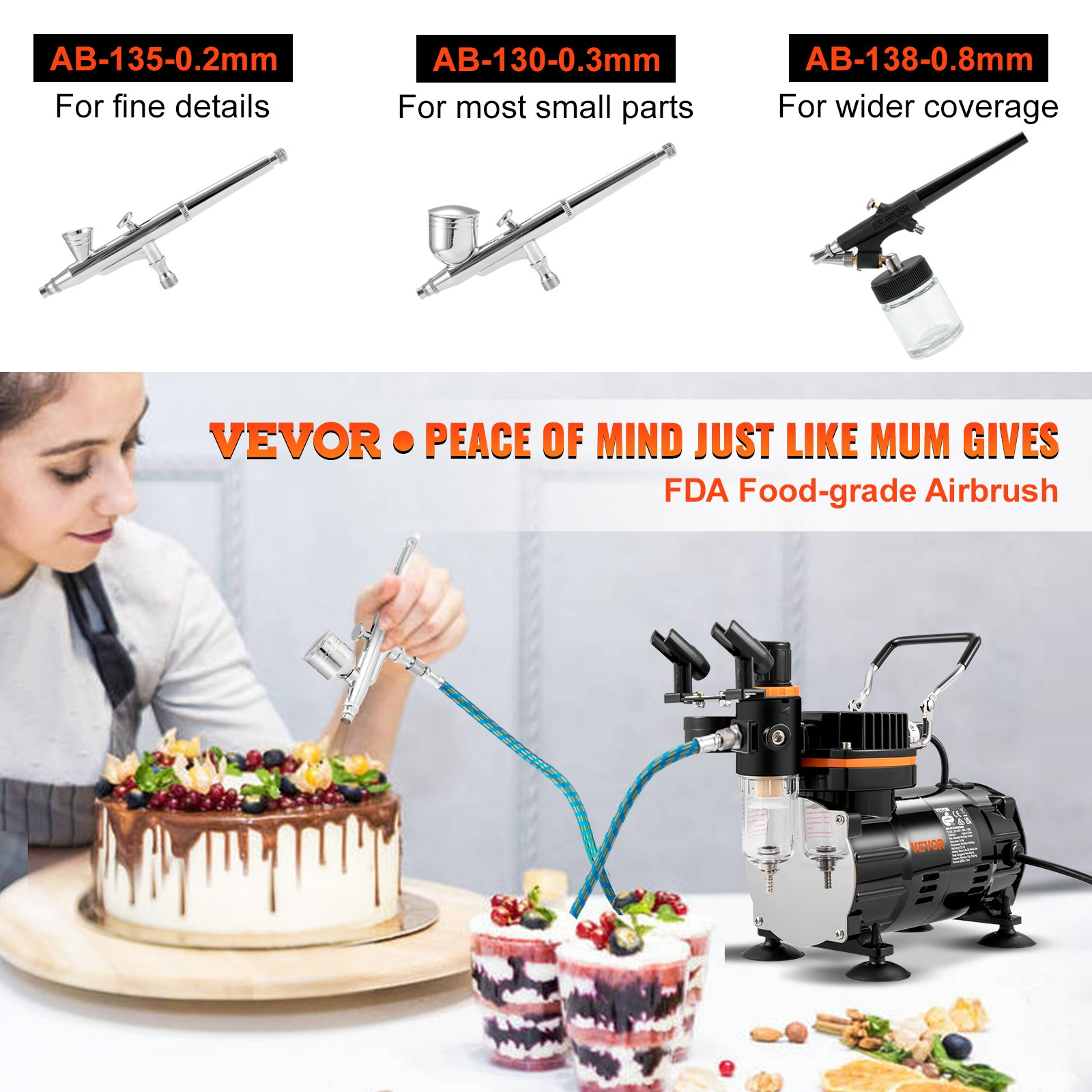 Start2Finish VEVOR airbrush kit with compressor, dual-action gravity feed system for art, nails, cookies, and tattoos.