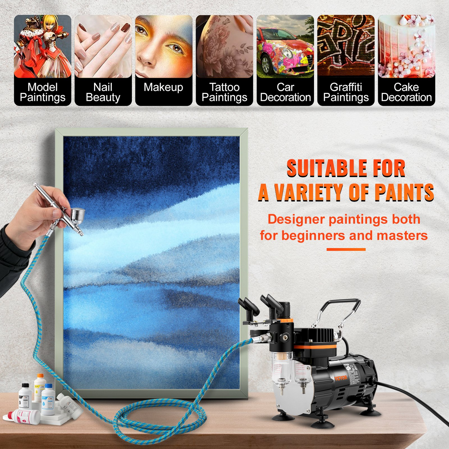 Start2Finish VEVOR Airbrush Ensemble with compressor, dual-action gravity feed system for art, nails, cookies, and tattoos.