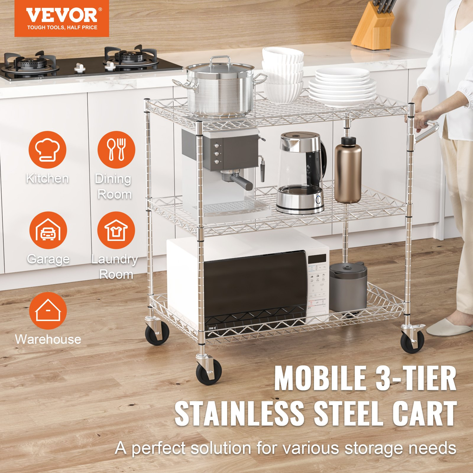 Start2Finish VEVOR kitchen utility cart with three wire tiers, steel frame, curved handle, hooks, and 661LBS capacity.
