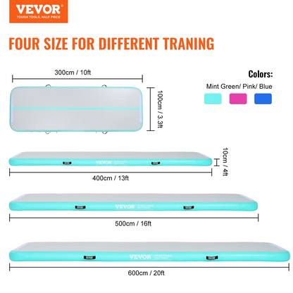 Mint green VEVOR gymnastics air mat, 4-inch thick inflatable tumbling mat with electric pump, ideal for gymnastics and training.