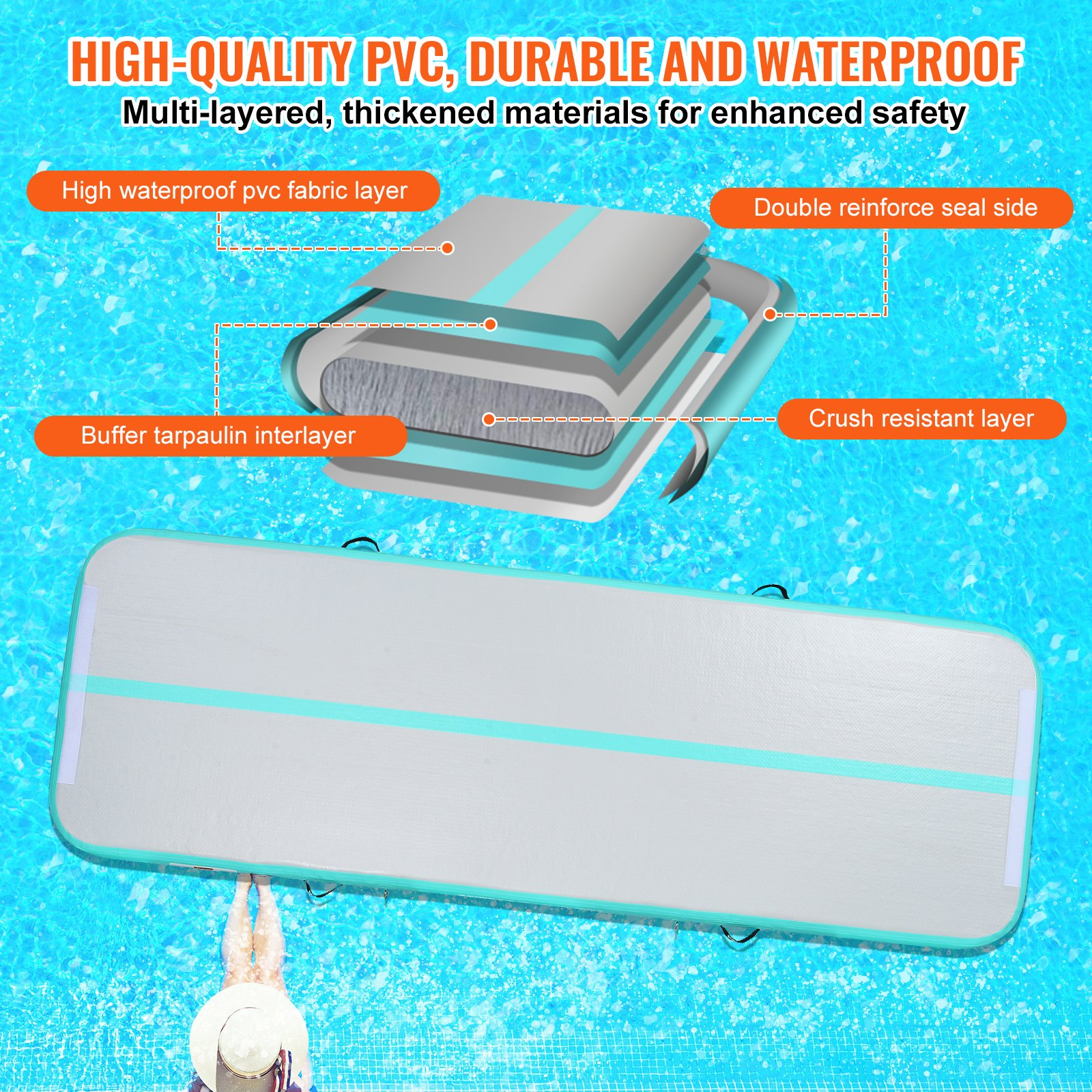 Mint green VEVOR gymnastics air mat, 4-inch thick inflatable tumbling and training mat for home, gym, yoga, cheerleading, and outdoor use.