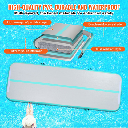 Mint green VEVOR gymnastics air mat, 4-inch thick inflatable tumbling and training mat for home, gym, yoga, cheerleading, and outdoor use.