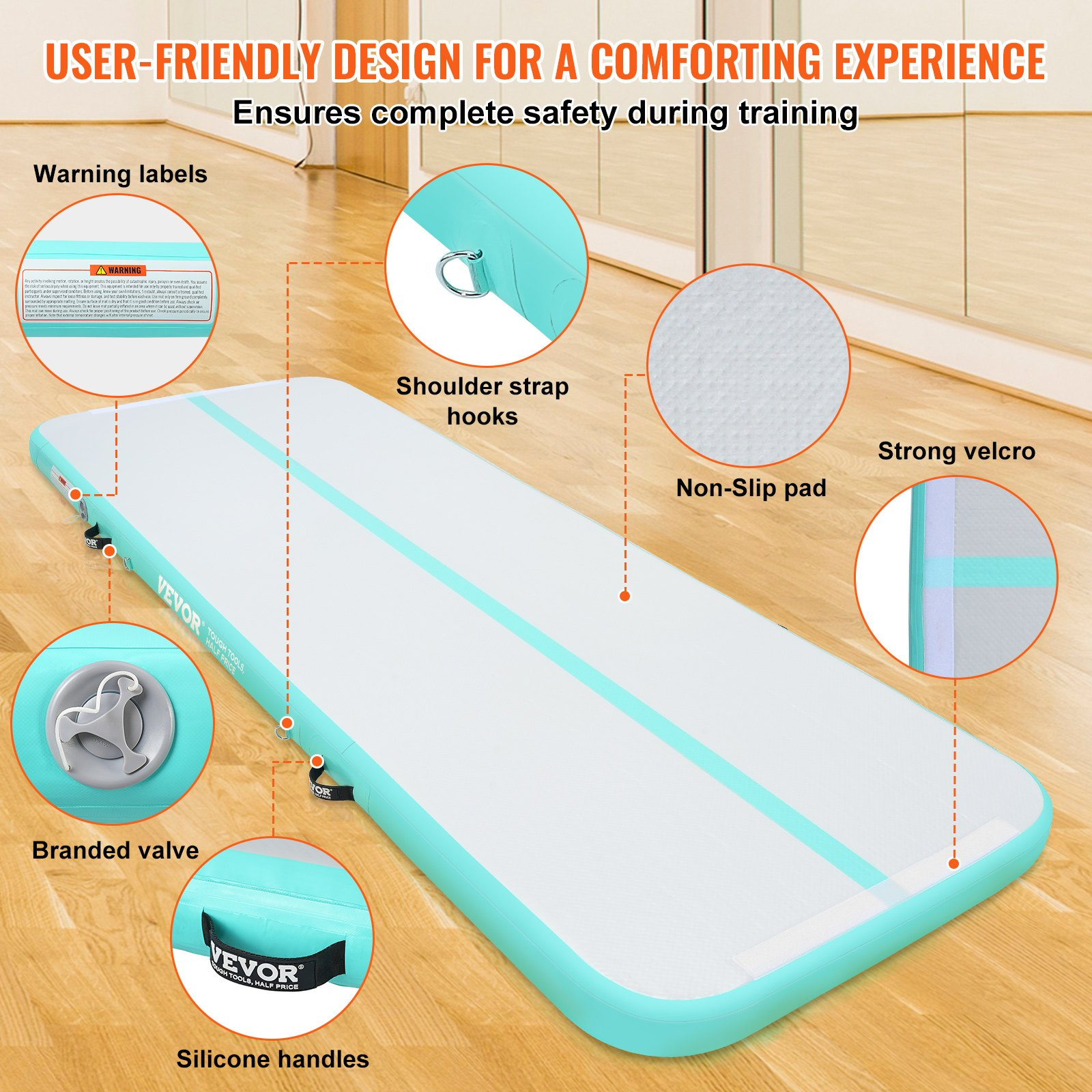 Start2Finish VEVOR 10 ft mint green inflatable gymnastics air mat with electric pump, ideal for tumbling, training, and home fitness.