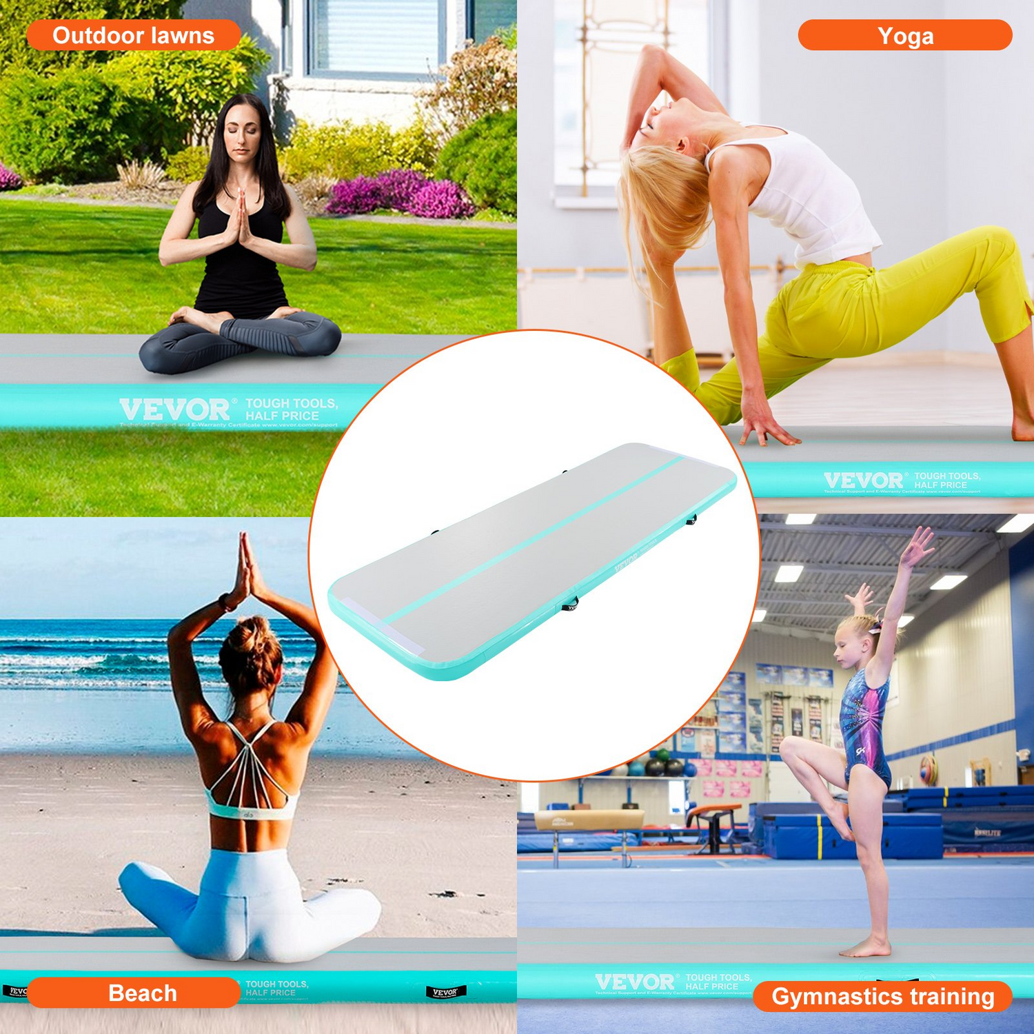Mint green VEVOR gymnastics air mat, 4-inch thick inflatable tumbling and training mat with electric pump, 10 ft for home, gym, or outdoor use.