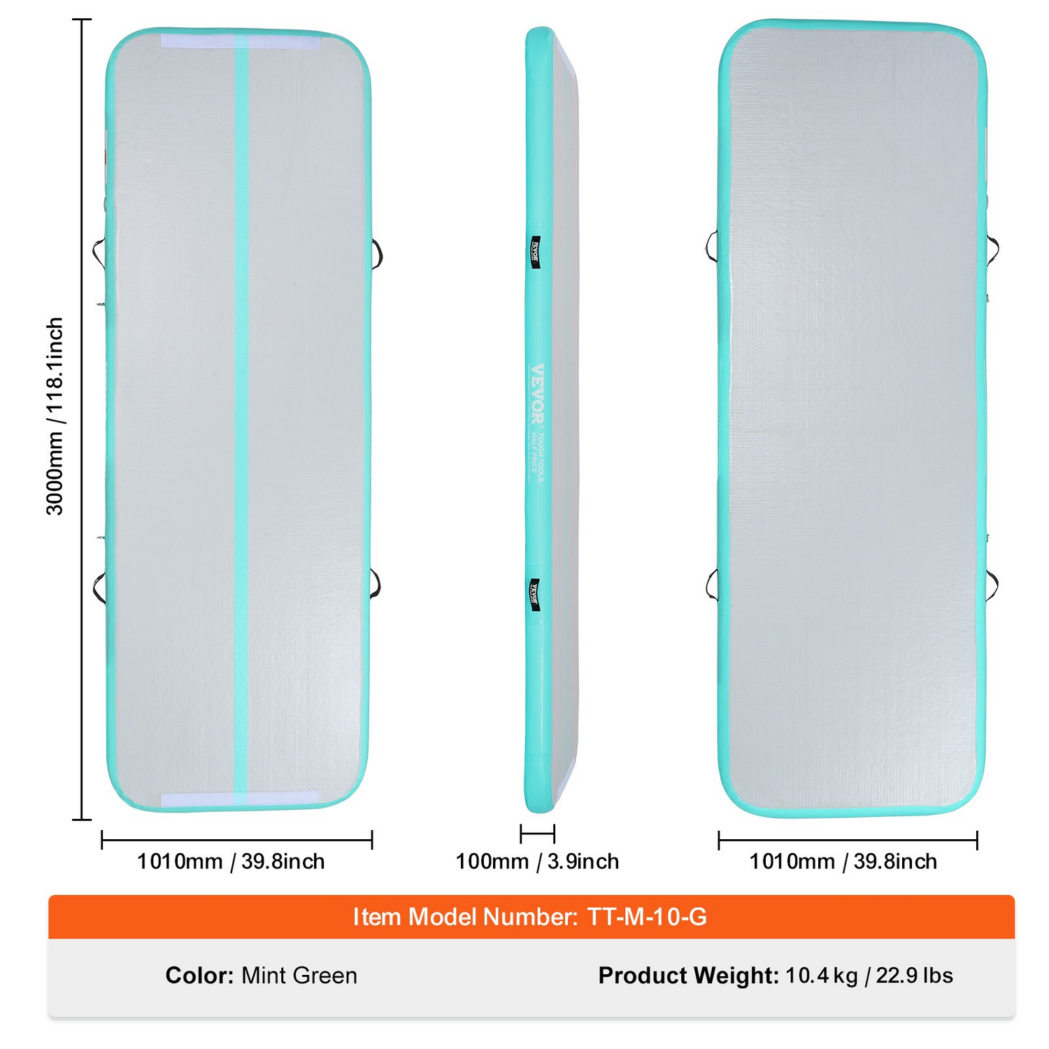 Mint green VEVOR inflatable gymnastics air mat, 4-inch thick tumble track with electric pump, suitable for home, gym, and outdoor use.
