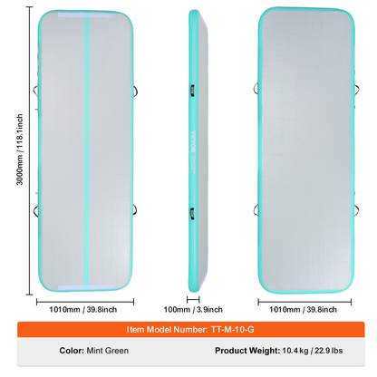 Mint green VEVOR inflatable gymnastics air mat, 4-inch thick tumble track with electric pump, suitable for home, gym, and outdoor use.