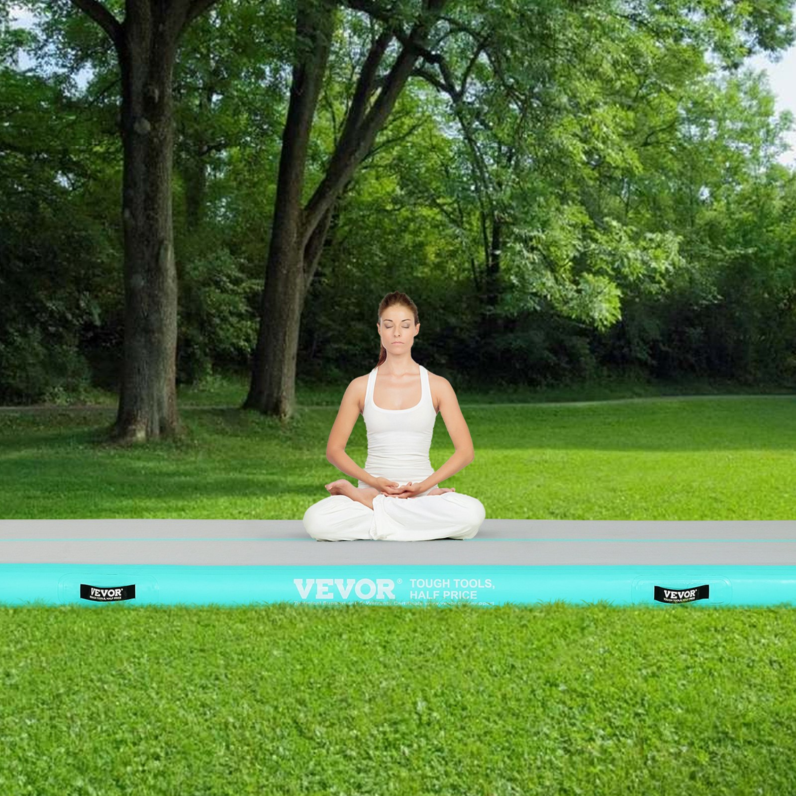 Mint green VEVOR 10 ft inflatable gymnastics air mat with electric pump, 4-inch thickness, ideal for tumbling, cheerleading, and training.