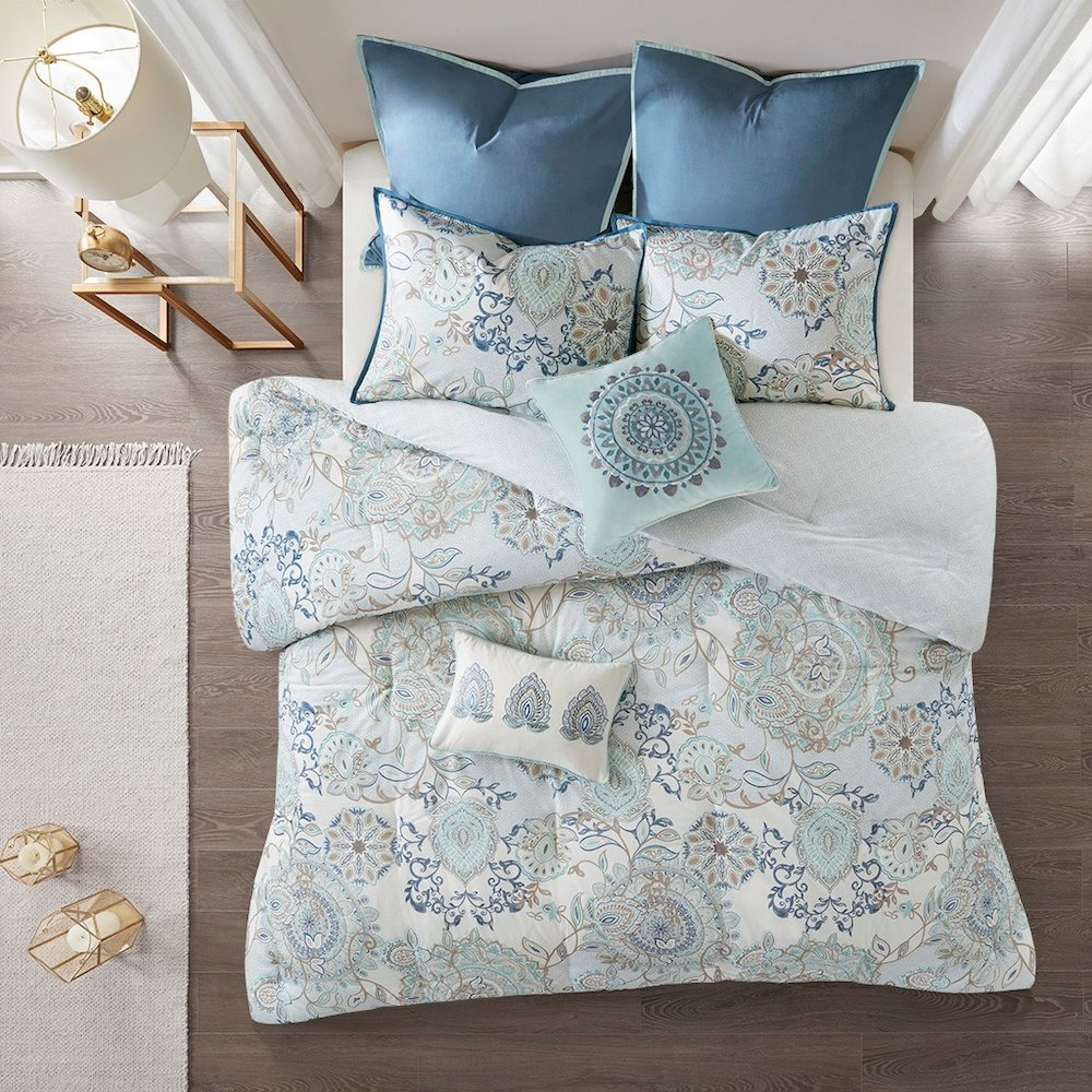Start2Finish 8-piece cotton floral printed reversible comforter set with vibrant floral patterns and matching pillow shams.